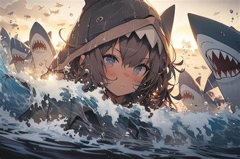 Premium AI Image | Anime girl shark costume illustration generative ai