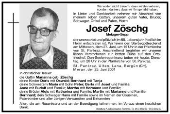 Traueranzeigen von Josef Zöschg Trauer bz