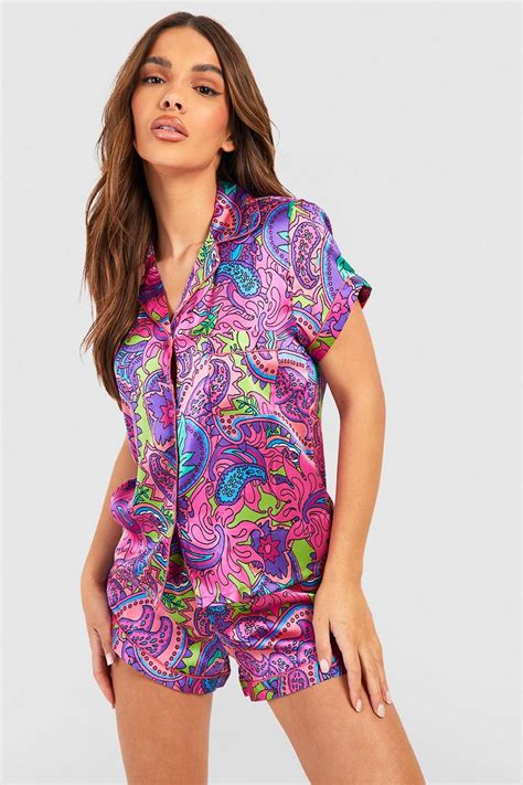 Paisley Print Satin Pyjama Short Set Boohoo Uk