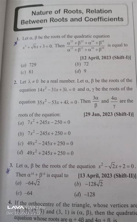 Nature Of Roots Relation Between Roots And Coefficients 1 Let αβ Be Th