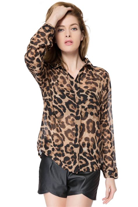 Leopard S Stylish Shirt Collar Long Sleeve Leopard Print Chiffon Blouse