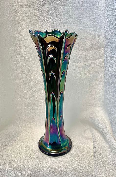 vintage  fenton art glass large blue carnival glass swung vase