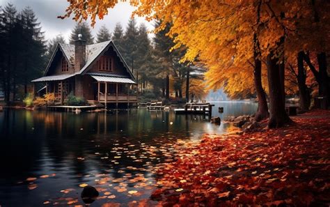 Premium AI Image | Peaceful Lakeside Cabin Serenity by the Lake