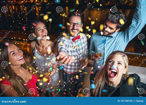 Group Of People Having A Party On The Roof Stock Photo Image Of Night