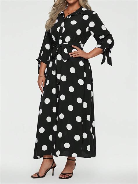 Shein Lune Plus Polka Dot Print Belted Shirt Dress Shein Usa