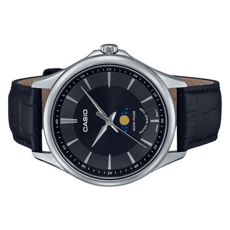 Casio Standard Analog Moon Phase Leather Strap Black Dial Quartz MTP