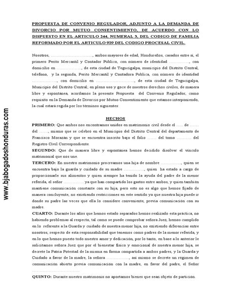 Formato Convenio Regulador Divorcio Mutuo Consentimiento Honduras Pdf Divorcio Matrimonio