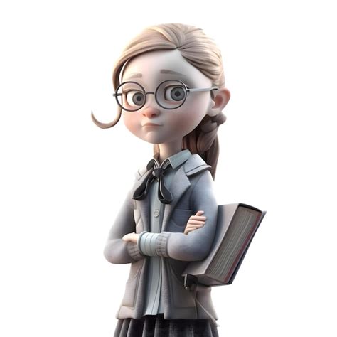 Bookish Babe 3D Cute Girl em Professor Character um livro e óculos isolados no fundo branco