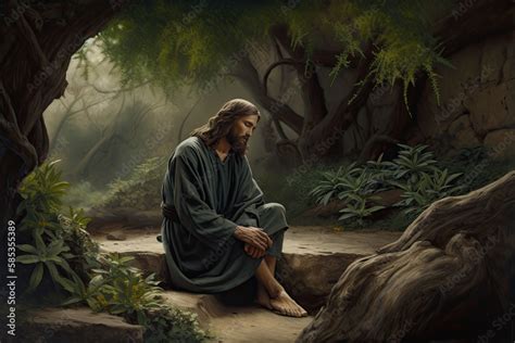 Jesus Christ Praying In The Garden Of Gethsemane Oil Painting Generative Ai Stock Illustration