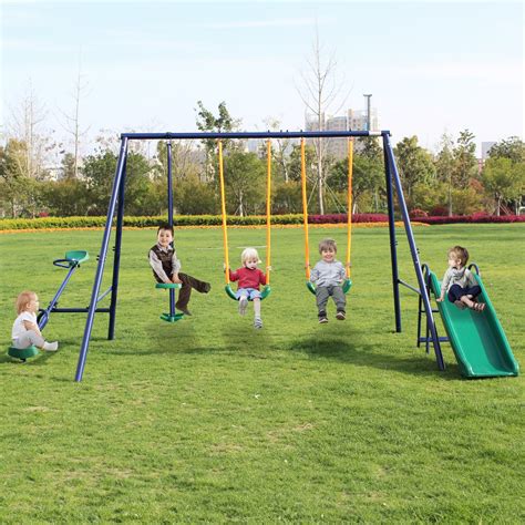 Aukfa 5 in 1 Kids Swing Set, Heavy-Duty Metal Playset for Backyard with Slide, Fun Glider, Green ...