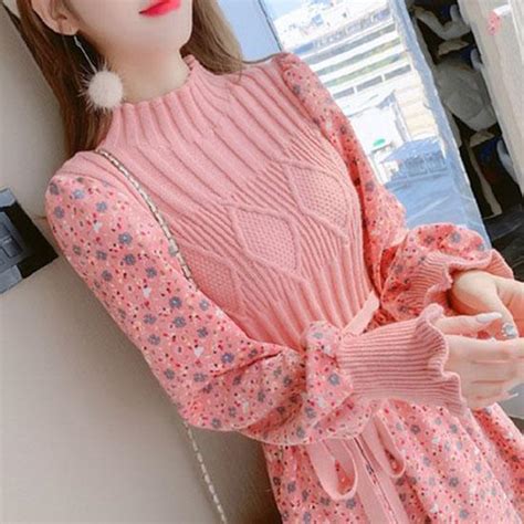 Buy Autumn Winter Corduroy Dress Womens Knitted Stitching Long Sleeved