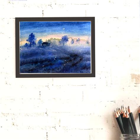 Sunrise Painting With Moonlight Trees and Meadow Landscape Watercolor ...