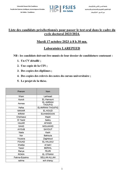 Liste Des Candidats Pr S Lectionn S Pour Passer Le Test Oral Dans Le