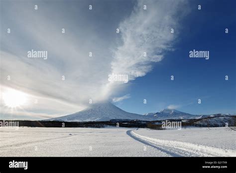 Beautiful Volcanic Landscape Of Kamchatka Peninsula Wintry View Of Eruption Active Klyuchevskoy