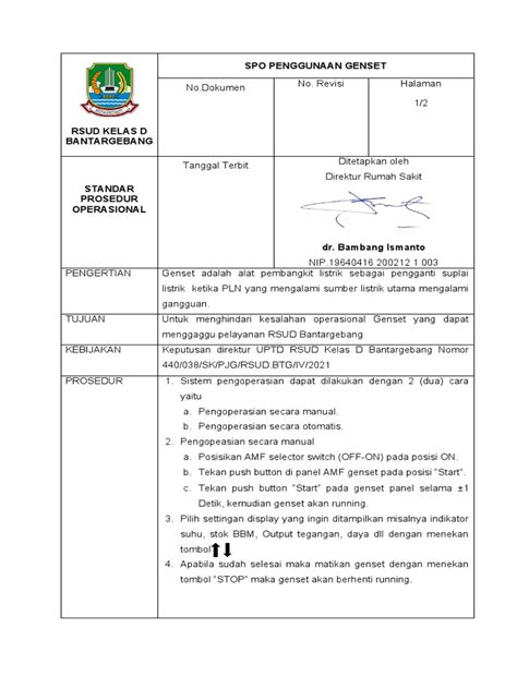 Spo Penggunaan Genset Pdf