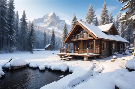 Premium Photo | Winter landscape of wood cabin with snow in winter season