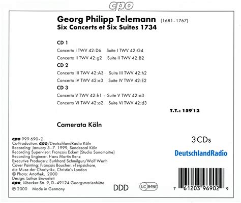 Georg Philipp Telemann Six Concerts Et Six Suites Twv 42 1734 3 Cds