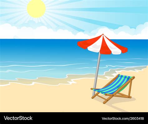 Cartoon Beach Chair And Umbrella On Tropical Beach