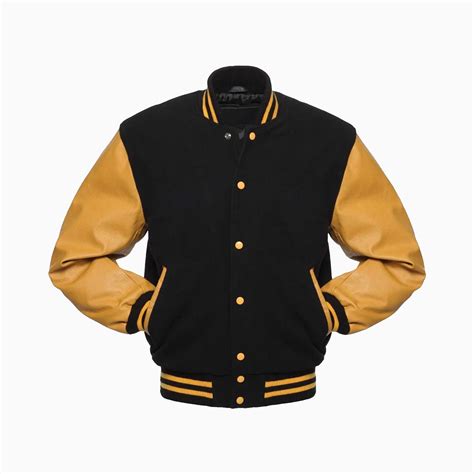 Custom Mens Black Wool Body And Gold Leather Sleeves Varsity Jacket Wholesale