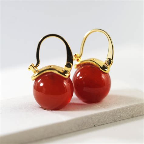 9 Mm Deep Red Carnelian Hoop Earrings Huggie Earrings Gold Plated Lever