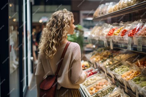 Premium Photo Woman With Food Basket At Grocery Or Modern Supermarket