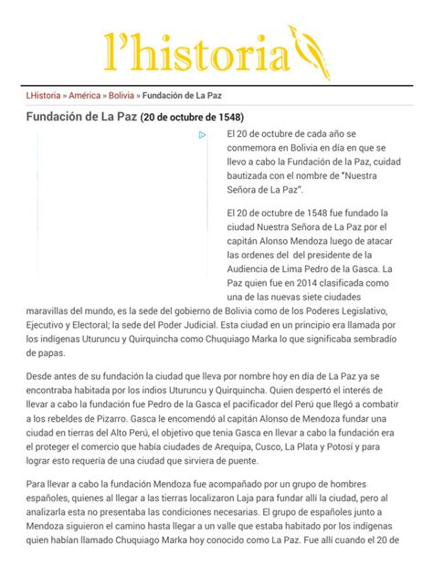 Fundación De La Paz 20 De Octubre De 1548 Lhistoria Pdf America Latina América Del Sur