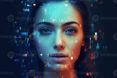 A person's face being replaced by a glitchy digital image, as if their