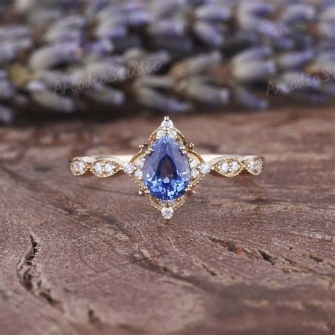 Vintage Pear Blue Sapphire Engagement Ring Cornflower Sapphire Milgrain