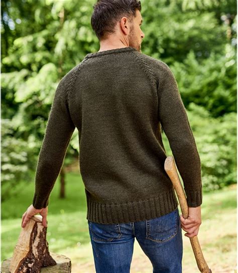 Acorn Green Marl Mens Pure Wool Fishermans Crew Neck Jumper