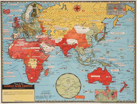 Map of the World War Fronts Dated Events - Antique Print Map Room