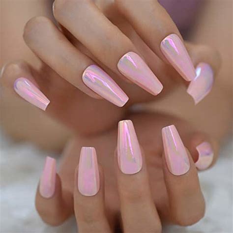 Getuscart Shiny Holographic Pink Almond Press On False Nails Long