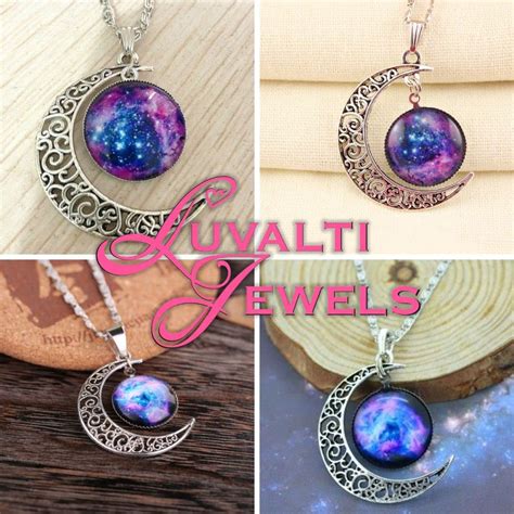 Luvalti Galaxy And Crescent Cosmic Moon Pendant Necklace Purple Glass