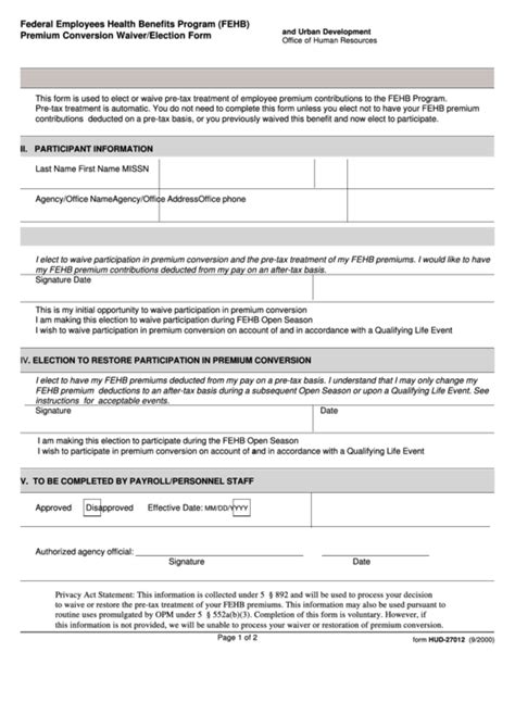 Fillable Form Hud 27012 Federal Employees Health Benefits Program