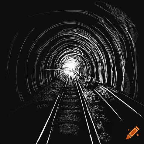 Black And White Comic Drawing Of A Train Entering A Tunnel