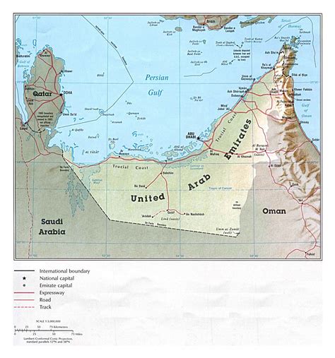 Detailed political map of UAE with relief, roads and cities - 1993 ...