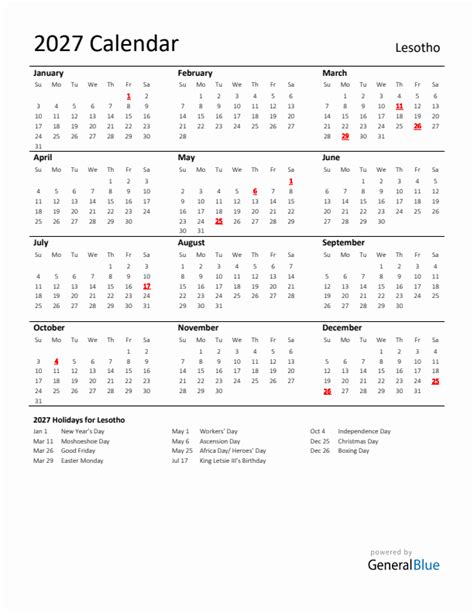 Standard Holiday Calendar for 2027 with Lesotho Holidays