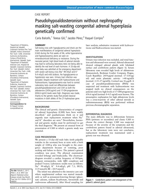 Pdf Pseudohypoaldosteronism Without Nephropathy Masking Salt Wasting Congenital Adrenal