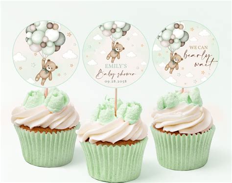 Teddy Bear Baby Shower Cupcake Toppers Boy Girl Gender Neutral Party