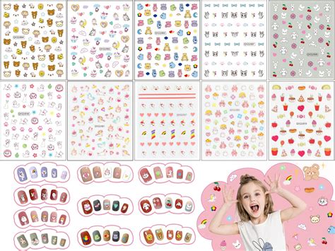 Jmeowio Enfant Stickers Ongles Nail Art 12 Feuilles Autocollants Ongles Autoadhésif Deco Ongle