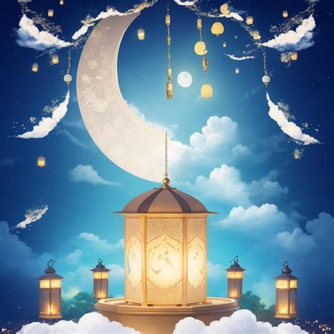 Cartaz Feliz Do Eid Alfitr Um Fundo De Lanternas Lua E Nuvens