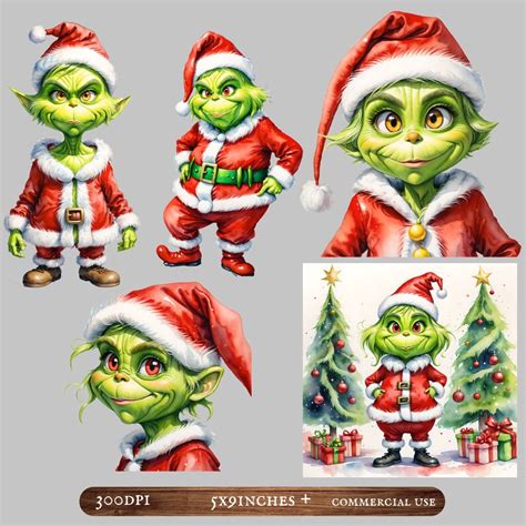 Watercolor Santa Grinch Clipart PNG Bundle Clipart, Transparent PNG ...