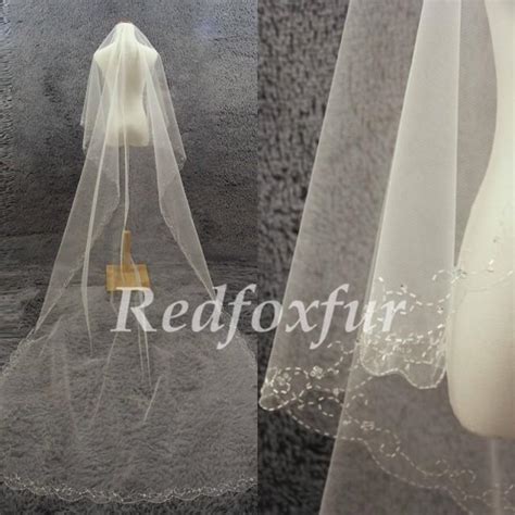 1T Cathedral Veil Ivory Veil Bridal Veil Hand Beaded Crescent Edge