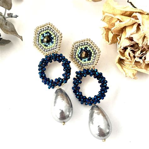 Aretes Rombo Azul Con Perla Albor Arte Mx