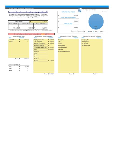 50 30 20 Budget Spreadsheet Template | PDF