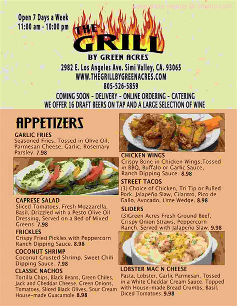 Menu At The Grill By Green Acres Desserts Simi Valley