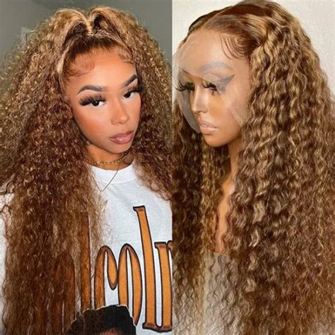 Highlight Honey Brown Curly 13x4lace Front Wig Glueless Human Hair Wig