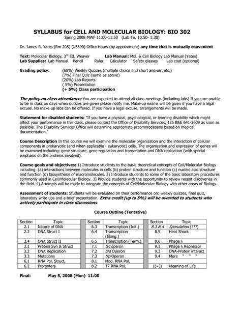 SYLLABUS For CELL AND MOLECULAR BIOLOGY BIO 302