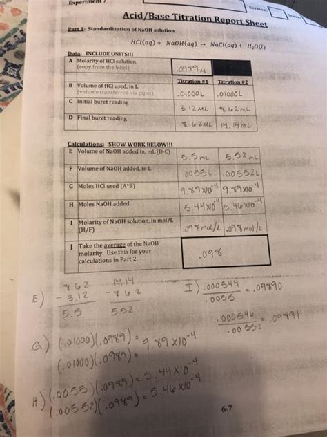 Solved Experiment Acid Base Titration Report Sheet Part 1 Chegg