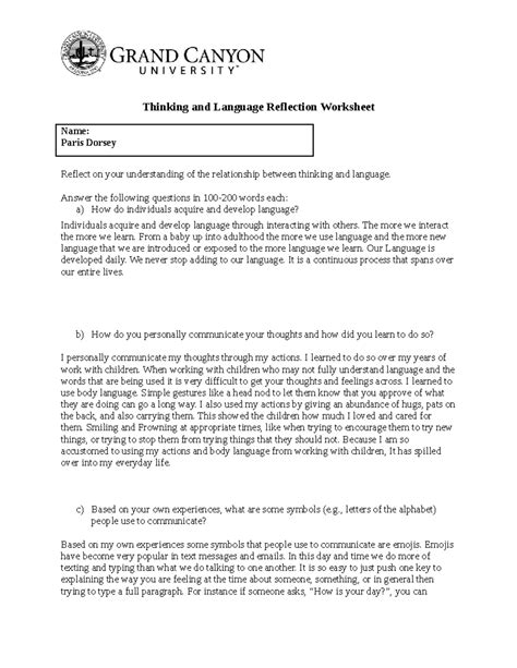 Phi T Thinkingand Language Reflection Worksheet Thinking