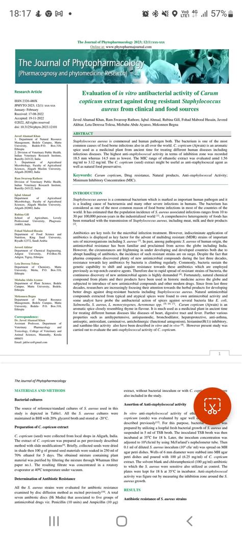 PDF Evaluation Of In Vitro Antibacterial Activity Of Carum Copticum